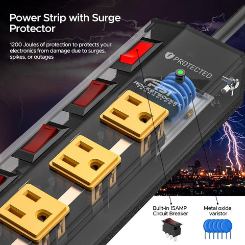 Heavy Duty 8 Outlet Metal Power Strip With Individual Switches 15A 1875W 6ft Cord No More Plug Crowding Ultra Wide Spacing To Fit Bulky Adapters And Transformer Bricks For Home Office Desktops, surge protector detail