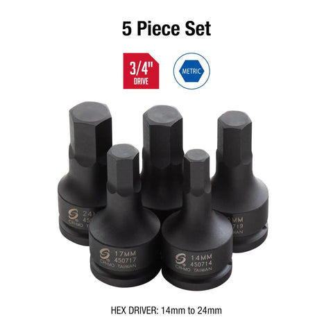 Five-piece Three Quarter Inch Drive Impact Hex Driver Set Metric 14mm to 24mm CrMo Steel low profile design