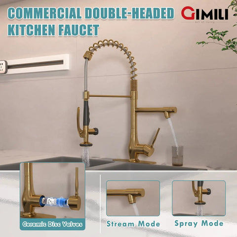 Brushed Gold Kitchen Faucet With Pull Down Sprayer, Single Handle High Pressure Brass Sink Faucet, Pro Grade Commercial Style