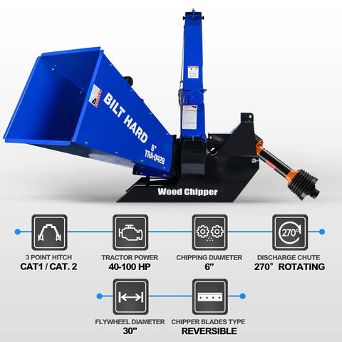 6 Inch 3 Point PTO Wood Chipper For 40-100 HP Tractors Heavy Duty Mulcher With 30 Inch Rotor And Reversible Blades Category 1 And 2 Hitch