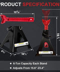 USYATO 6-Ton jack stands pair, black with red accents, adjustable 15.6–23.4 in, double-pin locking