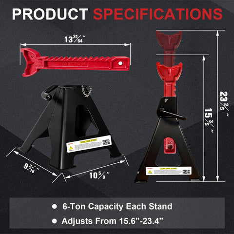 USYATO 6-Ton jack stands pair, black with red accents, adjustable 15.6–23.4 in, double-pin locking
