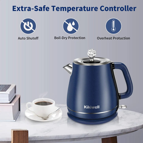 Stainless Steel Electric Kettle 1.8 Liter With Double Wall And Cool Touch Exterior Auto Shut Off And Boil Dry Protection in blue on table