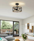 Interior with 2 Light Farmhouse Semi Flush Mount Ceiling Light Fixture With Open Drum Frame In Rustic Brown Finish 12.8 Inch
