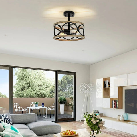 Interior with 2 Light Farmhouse Semi Flush Mount Ceiling Light Fixture With Open Drum Frame In Rustic Brown Finish 12.8 Inch