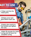 Threadlocker blue and red kit with step-by-step usage instructions; worker in safety glasses at a metal-frame bench.