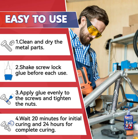 Threadlocker blue and red kit with step-by-step usage instructions; worker in safety glasses at a metal-frame bench.