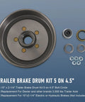 Front view of JDMSPEED trailer brake drum kit, 10 in diameter, 2-1/4 in wide, 5 on 4.5 in bolt circle.