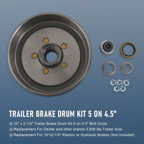 Front view of JDMSPEED trailer brake drum kit, 10 in diameter, 2-1/4 in wide, 5 on 4.5 in bolt circle.