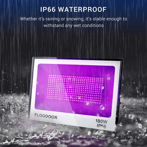 100W Outdoor Black Light for Glow Parties Halloween with Plug IP66 Waterproof UV Blacklight in heavy rain