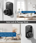 Smart Door Knob Lock With Keypad And Fingerprint Five In One Access App Bluetooth Control Personal Passcodes Keycard Key Fob And Mechanical Key No Drill Digital Lock For Front And Indoor Doors shown in black on a white door inside a room with auto lock and passage mode features.