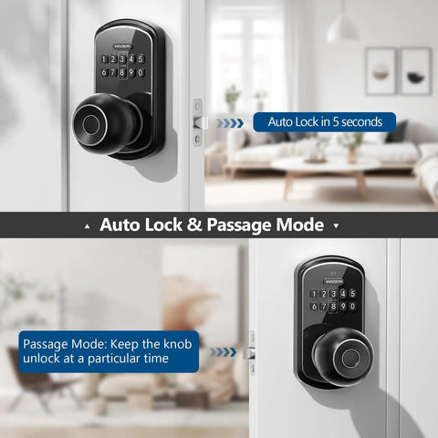 Smart Door Knob Lock With Keypad And Fingerprint Five In One Access App Bluetooth Control Personal Passcodes Keycard Key Fob And Mechanical Key No Drill Digital Lock For Front And Indoor Doors shown in black on a white door inside a room with auto lock and passage mode features.