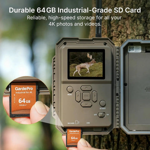 Extra Trail Cam For Wildlife Viewing And Yard Patrol Pairs Directly With The Main Hub For Fast Homestead Setup shows 64GB SD card in camera.