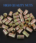 50-Piece 1/2-Inch 13 UNC Zinc Plated Carbon Steel Flat Head Rivnut Threaded Inserts arranged on a black surface.