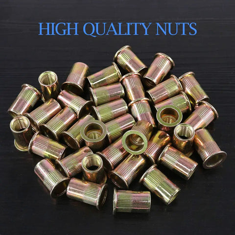 50-Piece 1/2-Inch 13 UNC Zinc Plated Carbon Steel Flat Head Rivnut Threaded Inserts arranged on a black surface.