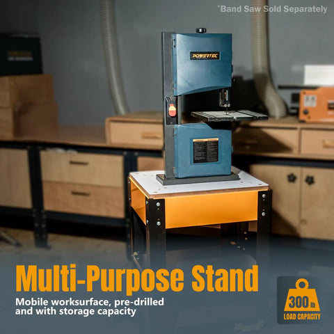 Mobile Planer Table Stand With Melamine MDF Top And Built Tough Heavy Duty Frame With Wheels For Miter Saw Drill Press Belt Sander Band Saw Scroll Saw Bench Grinder And More UT1008V with band saw mounted.