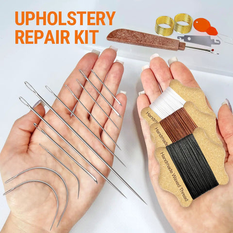 Upholstery Repair Kit With Waxed Thread In 3 Colors And Heavy Duty Needles Set Of 11 For Leather Canvas And Quilting Projects