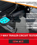 7 Pin Trailer Tester With LED Indicators And 7 Way RV Blade Round Plug, Easy Plug And Play Setup, DIY Trailer Wiring Checker For Cars, Trucks, Campers, Boats, And Utility Trailers. 7-way trailer circuit tester with labeled LED indicators