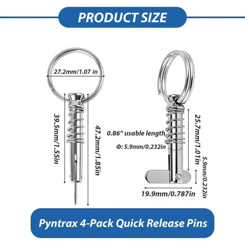4-Pack Quick Release Pins With Drop Cam And Spring, One Quarter Inch Diameter, 0.86 Inch Usable Length, marine-grade stainless