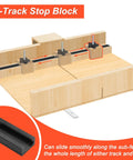 Pro Grade Crosscut Sled Kit For Table Saw With 2 Aluminum T Track Rails and miter bars illustrating T-Track Stop Block