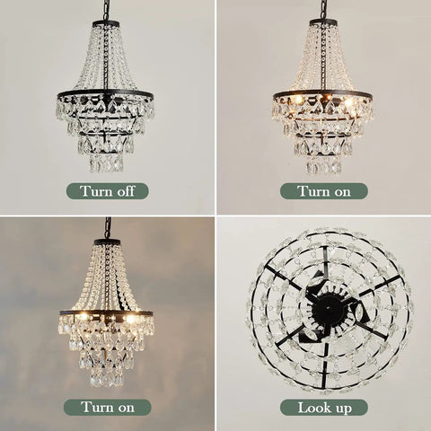 Three Light Crystal Chandelier Modern Adjustable Hanging Ceiling Light Fixture Black Pendant Lighting For Dining Room Living Room Bedroom Kitchen Dimmable With E12 Bulbs Not Included showing on-off views and top angle.