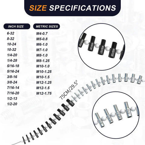 Image of Nut And Bolt Thread Gauge Kit With 32 Male And Female Gauges, 17 Inch And 15 Metric Sizes, showing size specifications.