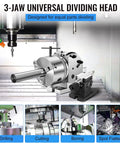 3-Jaw Universal Dividing Head designed for CNC milling, precision machining and equal parts dividing, showcasing the tool's sturdy construction.
