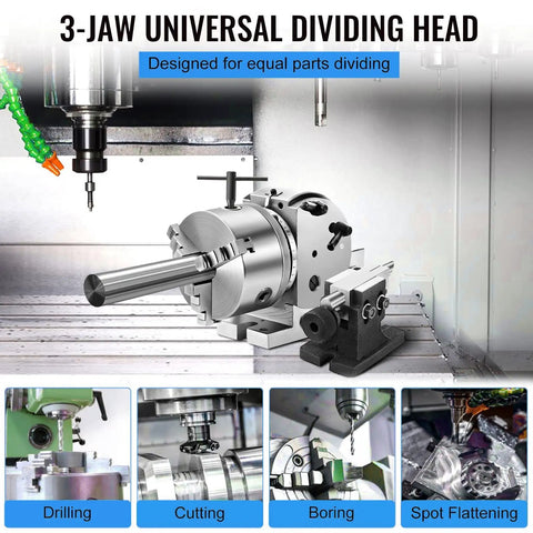 3-Jaw Universal Dividing Head designed for CNC milling, precision machining and equal parts dividing, showcasing the tool's sturdy construction.