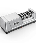 Hella Razor Sharp Electric Knife Sharpener For Kitchen Knives No Sweat One Pull Sharpening In Under 40 Seconds Silver body with three sharpening slots.