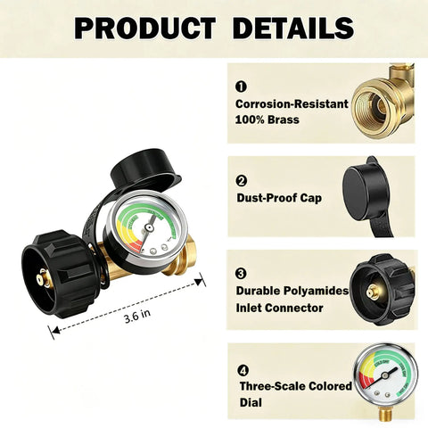 Propane Tank Gauge With Pressure Meter For 5-40 Lb Cylinders Universal QCC1 Type 1 Connection with brass and black components