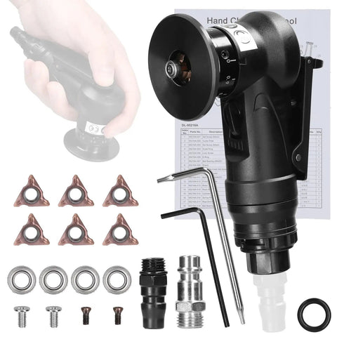 Heavy Duty Pneumatic Chamfering Machine Portable Angle Grinder Tool For Metal Wood Acrylic Steel Aluminum Copper Deburring Beveling Edge Trimming Handheld Power Equipment Fast Precise Cuts Durable Construction with accessories and hand.