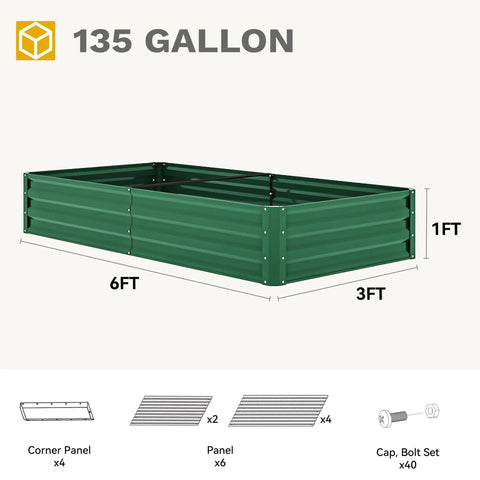 Raised Garden Bed Kit 6x3x1 Ft Outdoor Galvanized Metal Planter Box With Gloves, assembled view with panel components shown
