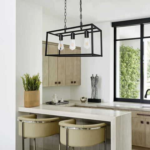 Black Farmhouse Kitchen Island Lighting Modern Linear Chandelier For Dining Room And Living Space Industrial Rectangular Pendant Fixture Dope For Foyer Or Bar 3 Light Black Finish