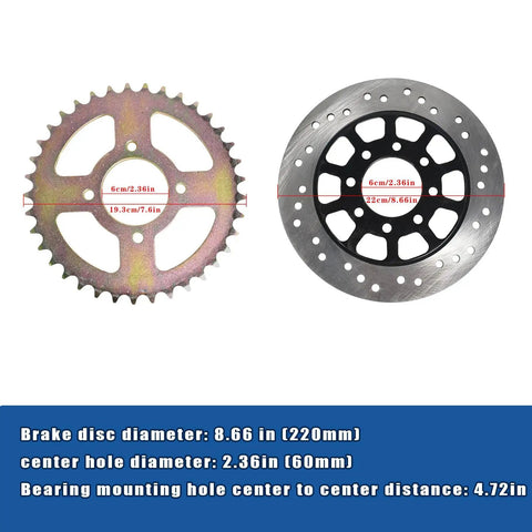 Beefed-Up Rear Axle Kit For Go Karts And ATVs 44 Inch Assembly With Pillow Block Sprockets Brake Discs Hubs Chains And Calipers Includes Master Cylinder Replacement For Drift Trikes And 4x4s, showing brake disc and sprocket with measurements.
