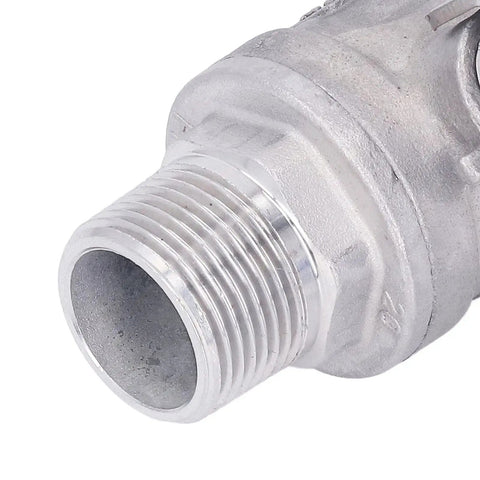 Close-up of a threaded end of the Top Shelf 3/4 Inch 304 Stainless Steel Ball Valve Built Tough For Heavy Duty Plumbing.