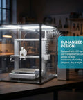 Dead Silent 3D Printer Enclosure With Tight Seal Air Filter for fume blocking, featuring clear acrylic panels and LED lights.