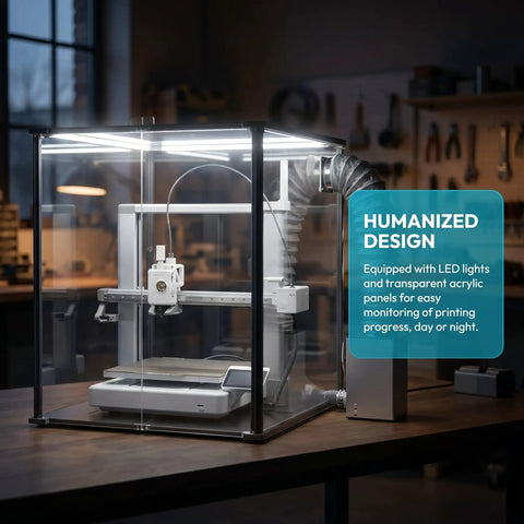 Dead Silent 3D Printer Enclosure With Tight Seal Air Filter for fume blocking, featuring clear acrylic panels and LED lights.