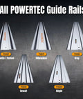 All POWERTEC Guide Rails for Makita, Festool, Milwaukee, Kreg, Dewalt, Ridgid displayed in a fan arrangement on a gray background.