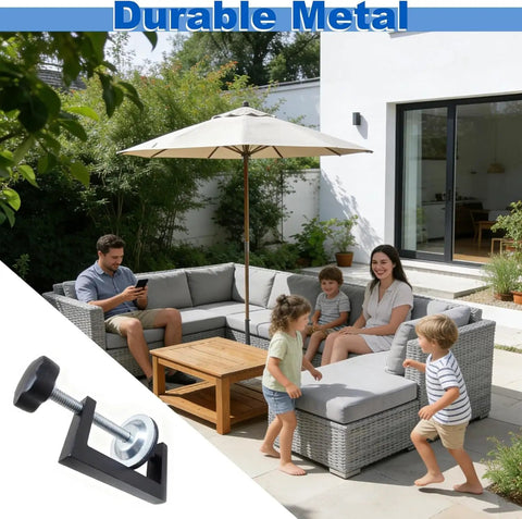 Family enjoying patio furniture with 3 Inch Adjustable Patio Furniture Clips 4 Pack For Sectional Couches Adjustable Up To 2.36 Inches Outdoor Rattan Wicker Sofa Connectors Clamps And Fasteners To Keep Furniture Sections Tight And Together.