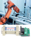 Top Shelf RS232 To RS485 Converter Adapter With Truly Passive Design For Heavy Duty Industrial Automation and Easy Data Interface, shown with robot arm.