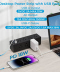 Edge Mount Desk Clamp Power Strip With Eight AC Outlets Plus Two USB A Ports And One USB C 18W Fast Charge shown on desk