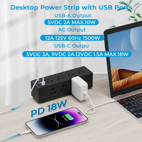 Edge Mount Desk Clamp Power Strip With Eight AC Outlets Plus Two USB A Ports And One USB C 18W Fast Charge shown on desk