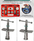 24 Piece Heavy Duty Brake Caliper Compression Tool Set With Left And Right Thrust Bolts Disc Brake Piston Caliper Compressor Rewind Kit And C Hanger for Easy DIY Brake Service in red storage case, shown with tools arranged inside, highlighting clockwise and counterclockwise thrust bolts.