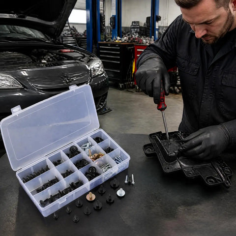Mechanic using 160 Piece Universal Car Body Panel Screws And Fasteners Kit With 14 Sizes Metal Phillips Self Tapping Bolts And Bumper Retainer Clips