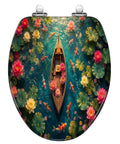 Elongated Ornate Wooden Boat Surrounded by Fish Colorful Lotus Toilet Seat with lotus flowers and koi fish design.
