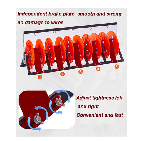 Heavy Duty Folding Cable Rack Pro Grade Wire Dispenser With Anti Tangle Slots And 5 Roll Capacity showing brake plate adjustment