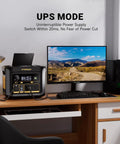 FlashSpeed 600 Portable Power Station 499Wh LiFePO4 Battery on desk powering a computer, UPS mode shown on screen
