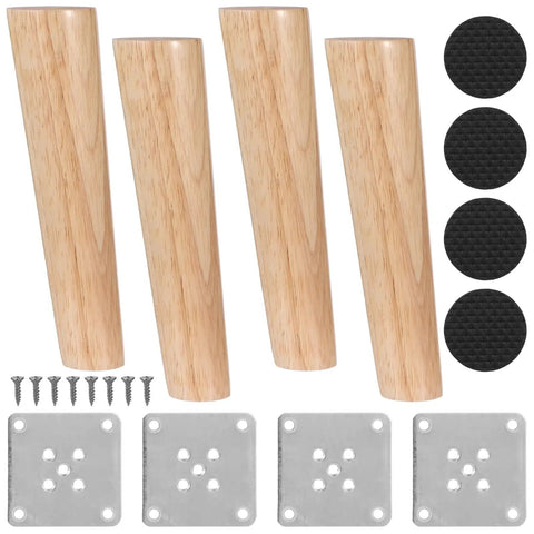 Solid Wood Furniture Leg Set 4 Pcs 7.9 Inch Angled Cone Legs With Anti Slip Pads Light Brown Finish shown with hardware and pads