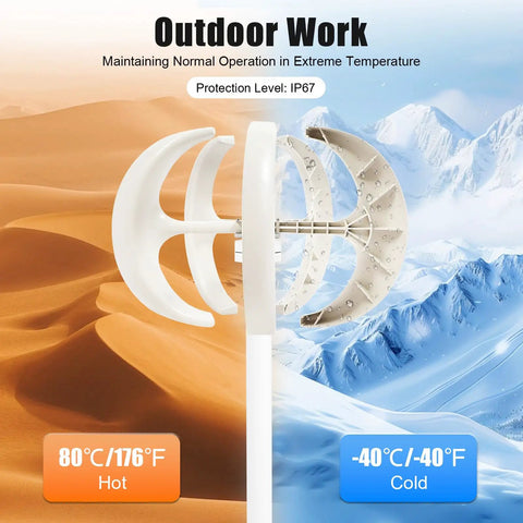 High Efficiency 600W 12V Wind Turbine Kit With 5 Blade Vertical Axis Windmill shown in desert and snowy mountain background