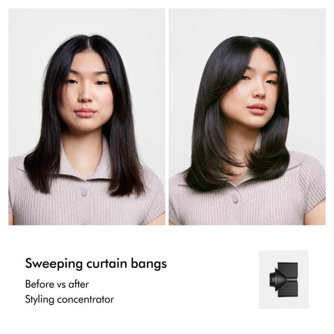 Before and after hair styling with Nural Smart Hair Dryer With No Heat Damage, 5 Attachments Including Diffuser And Styling Concentrator.